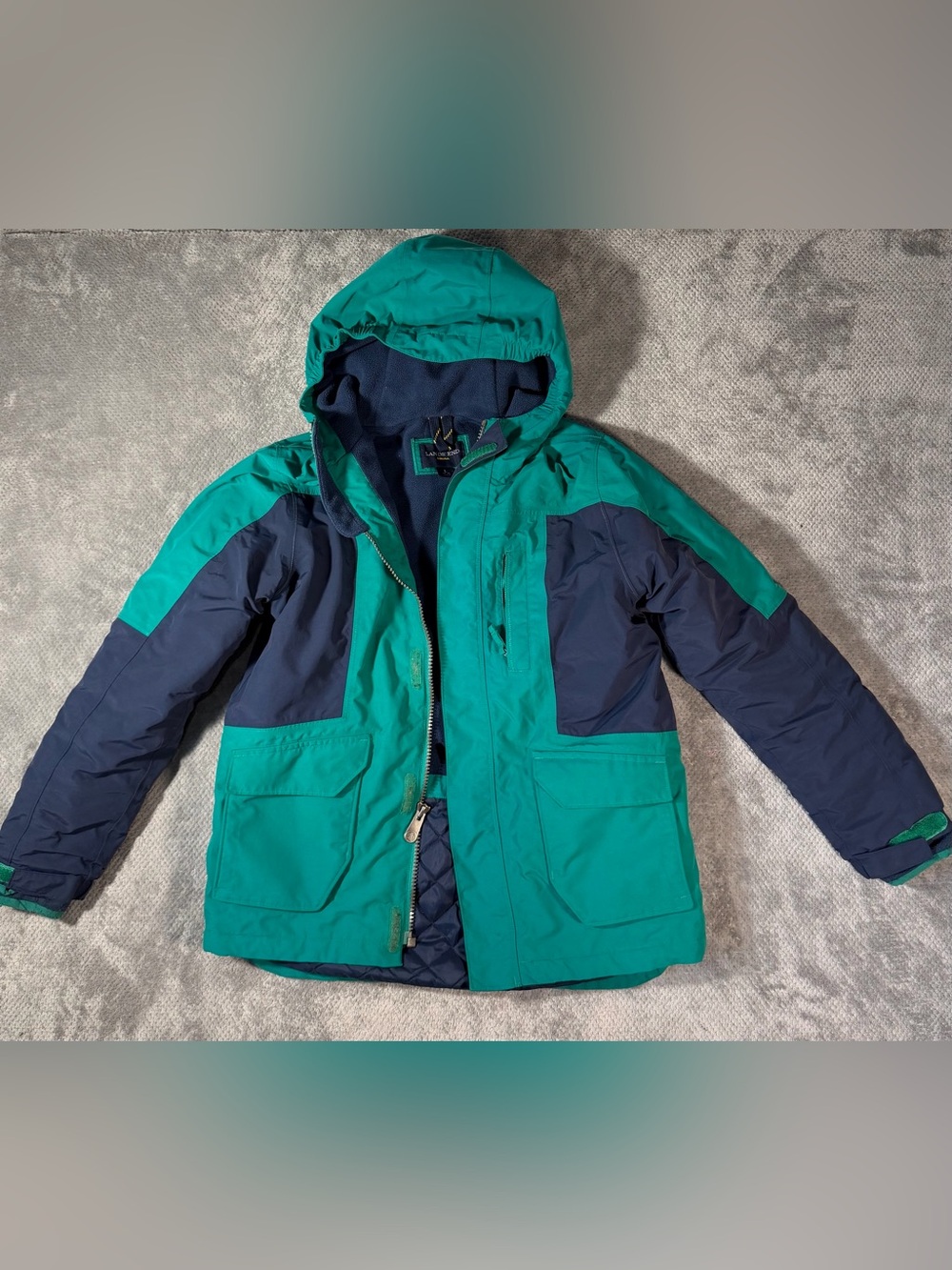 Lands' End Squall Jacket Kids L 14-16 Teal Navy Hooded Fleece Lined Waterproof